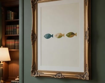 Mid Century Modern Art Print, Geometric Fish Poster, Retro 1950s Wall Art, Printable Download