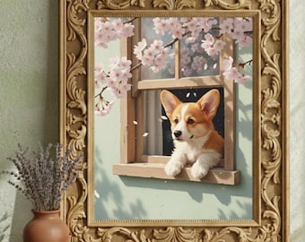 Corgi Wall Art Print, Baby Corgi Puppy Illustration, Whimsical Dog Artwork, Cozy Nursery Dog Decor, Printable Corgi Poster 16x20