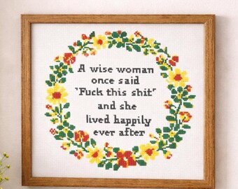 Feminist Quote Cross Stitch Pattern – Funny Floral Wreath Statement Embroidery PDF