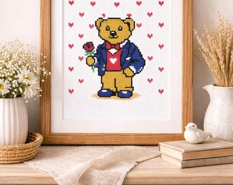 Romantic Teddy Bear Cross Stitch Pattern, Beginner Rose Valentine Embroidery Chart (PDF Download)