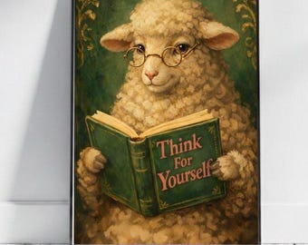 Bookish Sheep Reading Art Print, Vintage Cottagecore Animal Illustration (Digital Download)