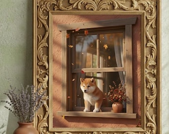 Autumn Shiba Inu Window Poster – 16 × 20 in Printable PDF | Cozy Dog Wall Art
