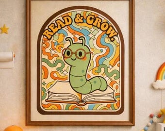 Reading Wall Art for Kids – “Read and Grow” Bookworm Printable | Nursery & Classroom Learning Decor