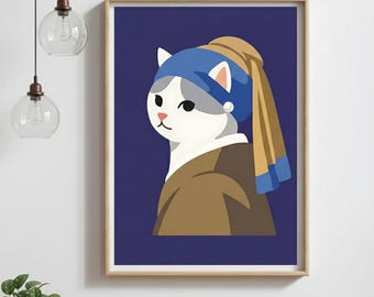 Girl With a Pearl Earring Cat Print | Minimalist Cat Wall Art | Digital Download