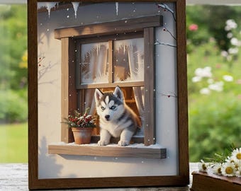 Cozy Husky Puppy Winter Window Art Print, Dog Lover Wall Decor (Digital Download)