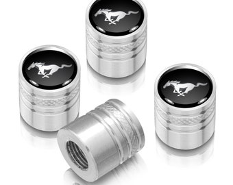 Ford Mustang Cobra in Black on Silver Chrome Aluminum Tire Valve Stem Caps