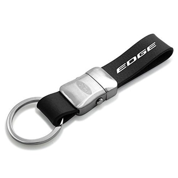 Ford Logo Gunmetal Gray Metal Plate Black Leather Strap Key Chain