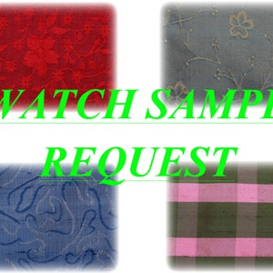 Peut inclure: Image présentant quatre échantillons de tissu avec différents motifs et couleurs. Les échantillons comprennent un motif floral rouge, un motif floral gris, un motif abstrait bleu et un motif à carreaux rose et vert. Le texte vert dit "SWATCH SAMPLE REQUEST".