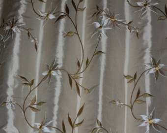 Cream/Olive Embroidery on Gold Dupioni Shantung 100% Silk Fabric, 54" Wide, By the Yard (EB-859D)