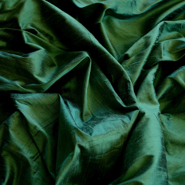 Iridescent Forest Green Dupioni Silk, 100% Silk Fabric, 44" Wide, By The Yard (S-193)