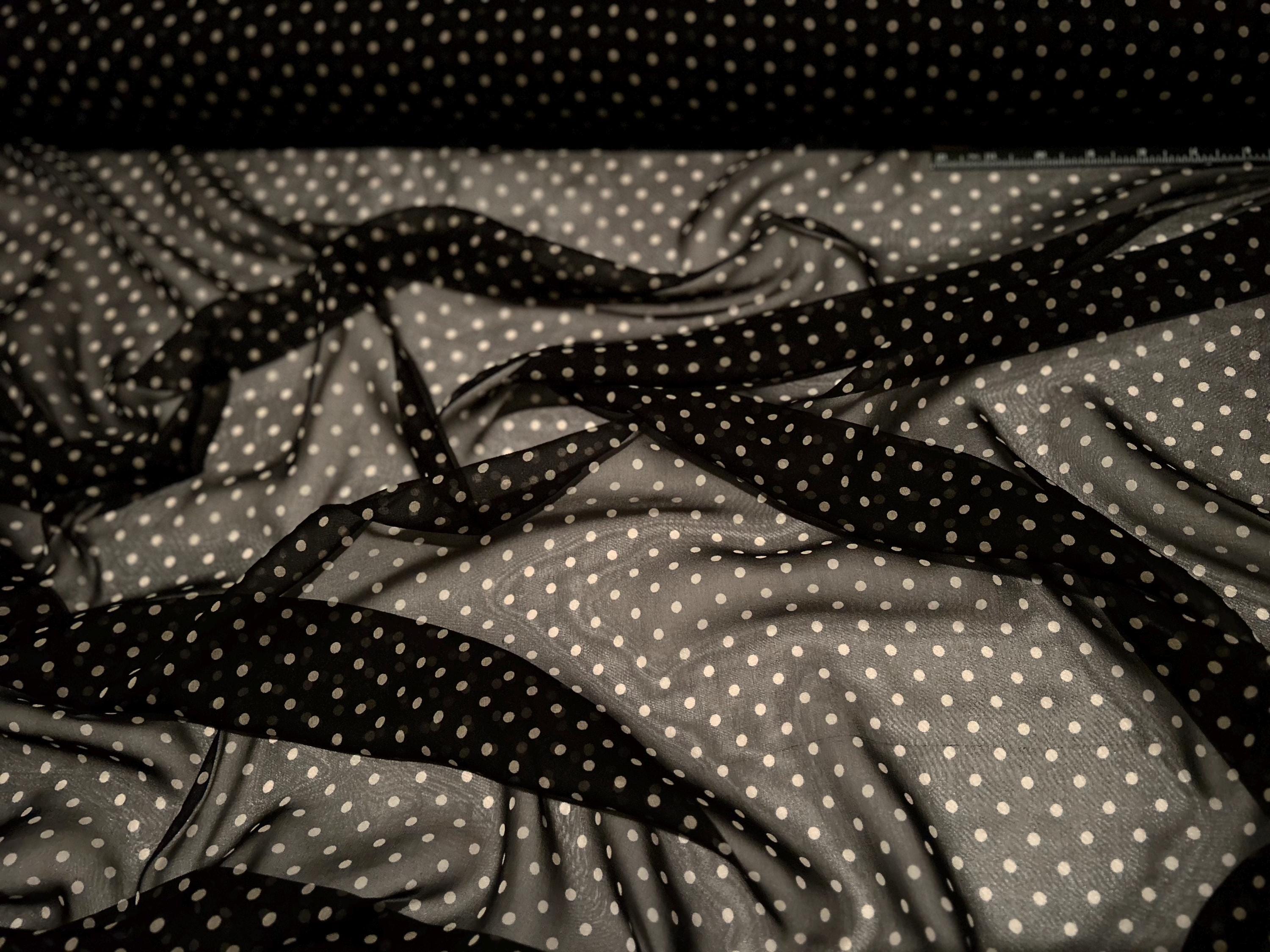 Black and Cream Polka Dots Printed Silk Chiffon, 100% Silk Fabric