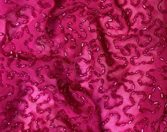 Fuchsia Pink Silk Chiffon embroidery with bugle and round beads, 100% Silk Fabric, 44" Wide, By The Yard (EB-999A)