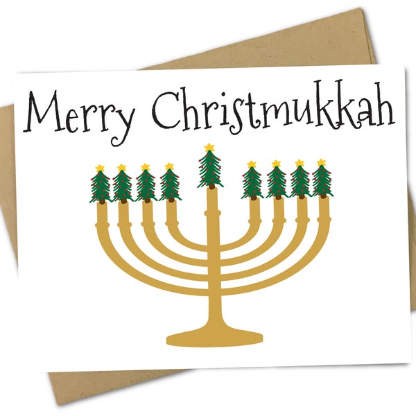 Christmas / Hanukkah Card - Merry Christmukkah | Mixed Holiday | 2 Holidays | Menorah | Christmas Tree | Funny | Jewish | Christian | Candle