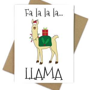 Christmas Card Fa la la la Llama Holiday Funny Pun X-Mas Falala Animal Alpaca Santa Cute Kids Humor Cartoon image 1