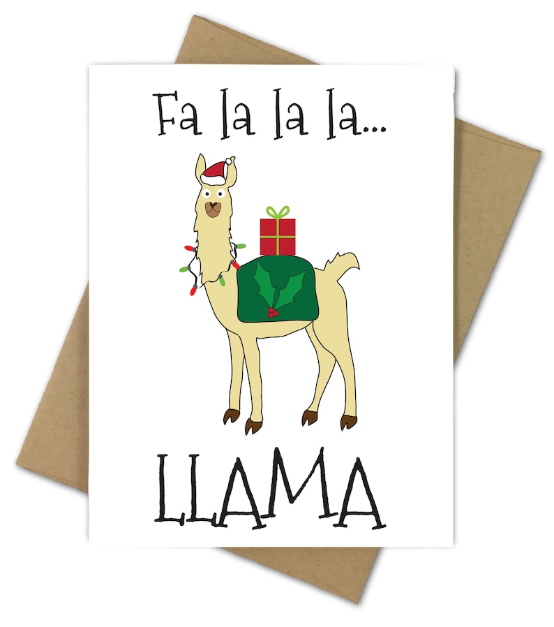 Christmas Card Fa la la la Llama Holiday Funny Pun X-Mas Falala Animal Alpaca Santa Cute Kids Humor Cartoon image 1