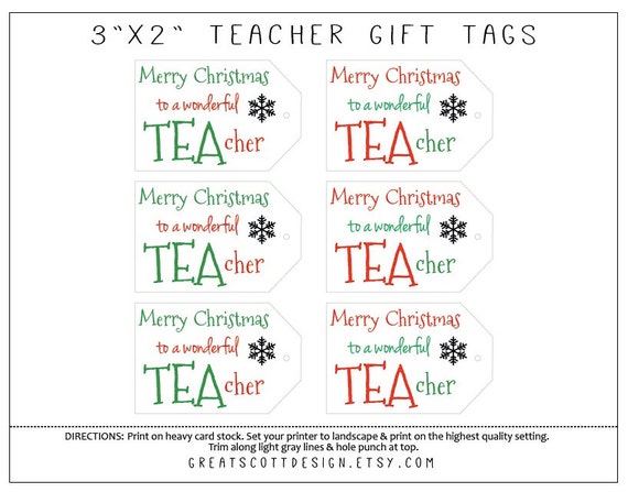 Teacher Gift Idea | Gift Tags | Instant Download | Print at Home | Printable | TEAcher Christmas Gift Tags | Present | Holiday | Tea | Tag