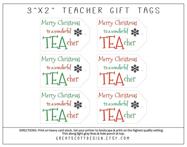 May include: White gift tags with the text "Merry Christmas to a wonderful TEACHER" in red and green. Each tag is 7.6cm x 5.1cm and includes a snowflake graphic. The tags are designed for teacher gifts.