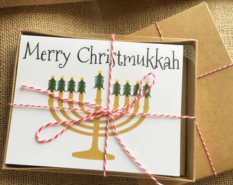 Pack of 10 Christmas / Hanukkah Cards - Merry Christmukkah