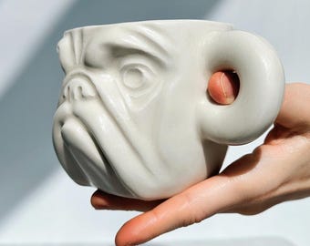 Handmade Porcelain Dog Mug: Expressive Face Cup, Gift for Dog Lovers