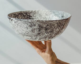 Large Marbled Ceramic Serving Bowl – Black White Porcelain Salad Fruit Pasta Bowl, Modern Centerpiece, Handmade