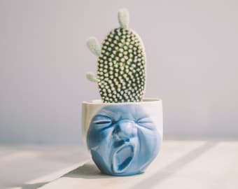 Handmade Ceramics Head Planter with a Yawning Face, Cactus Planter Pot, Pottery Planter for Succulents, Head Vase Office Desk Accessories