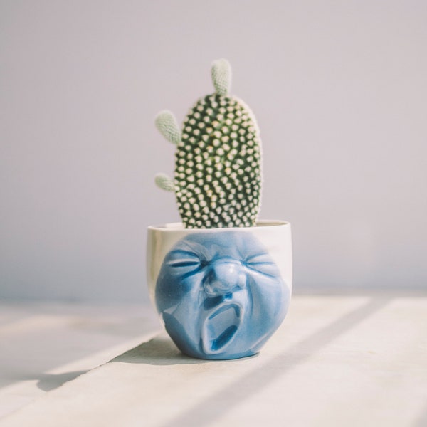 Handmade Ceramics Head Planter with a Yawning Face, Cactus Planter Pot, Pottery Planter for Succulents, Head Vase Office Desk Accessories