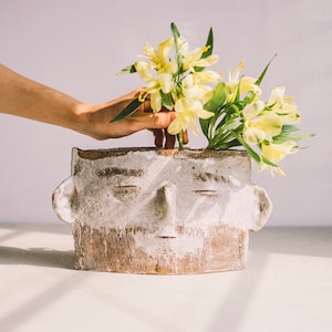 Rustic Ceramic Head Vase - Handmade Pottery Face Planter, Utensil Holder, Unique New Home Gift for Art Lover, Hand Sculpted Kitchen Accent