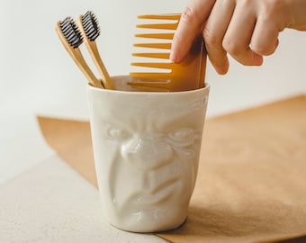 Toothbrush Holder Pottery,Modern Cup,Face Cup,Bathroom Cup,Grumpy Mug,White Porcelain Cup,Modern Pottery,Brush Cup,Bathroom Decor For Men