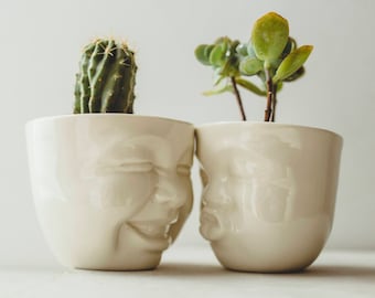 Handmade Face Planter Set, Cute Ceramic Succulent Pots, Whimsical Desk Decor, Plant Lover Gift, Best Friend Birthday New Home Self Care Gift