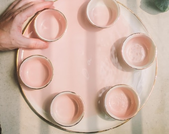 Handmade Porcelain Seder Plate – Pink Watercolor, Gold Rim Judaica
