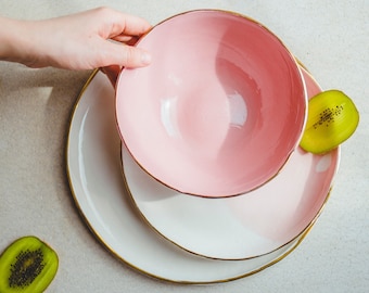 Handmade Ceramic Pink Dish Set, Modern Dinnerware, Dining Table Decor, Housewarming Gift Women, Unique Pottery Gift, Wedding Dinner Plates