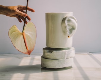Ear-Shaped Porcelain Vase with Gold Ring: Modern Ceramic Art