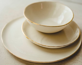 Porcelain Dinnerware Set: White Ceramic Plates with Gold Rim