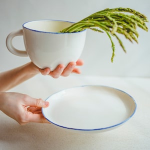 May include: A white ceramic mug with a blue rim, filled with green asparagus spears. The mug is being held by a hand, and a white ceramic plate with a blue rim is on a white surface.