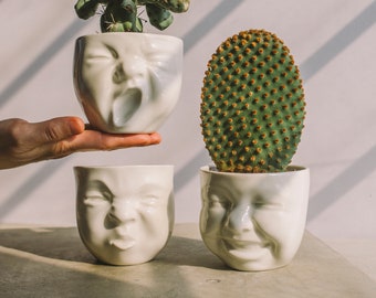 Handmade Ceramic Face Planters Small Succulent Planter Head Planter Pot Modern Ceramics Office Desk Accessories for Women Cute Shelf Decor