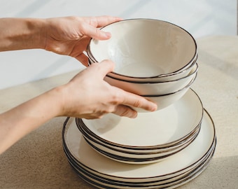 Handmade Ceramic Dinnerware Set – Rustic Pottery Plates & Bowls, Dinner Salad Soup Set, Modern Tableware, New Home Gift for Couple