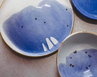 Handmade Pottery Soup Bowl, Ceramic Dinner Plate, Wedding Anniversary Gift for Couple, New Home Gift, Modern Ceramics Nautical Wedding Decor