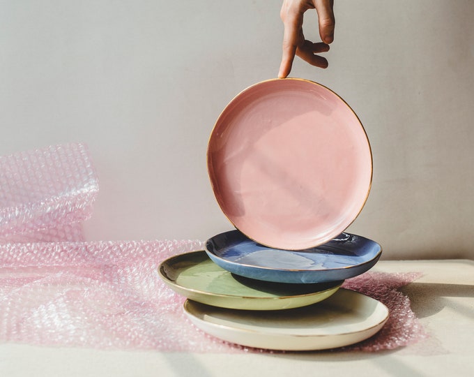 Modern Porcelain Dessert Plate – Pastel Colors, Genuine Gold Edge - Handmade Ceramic Dinnerware