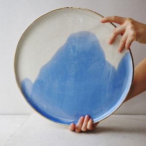 Ocean Blues Porcelain Tray – Hand-Painted Gold Rimmed Decorative Plate (36cm)