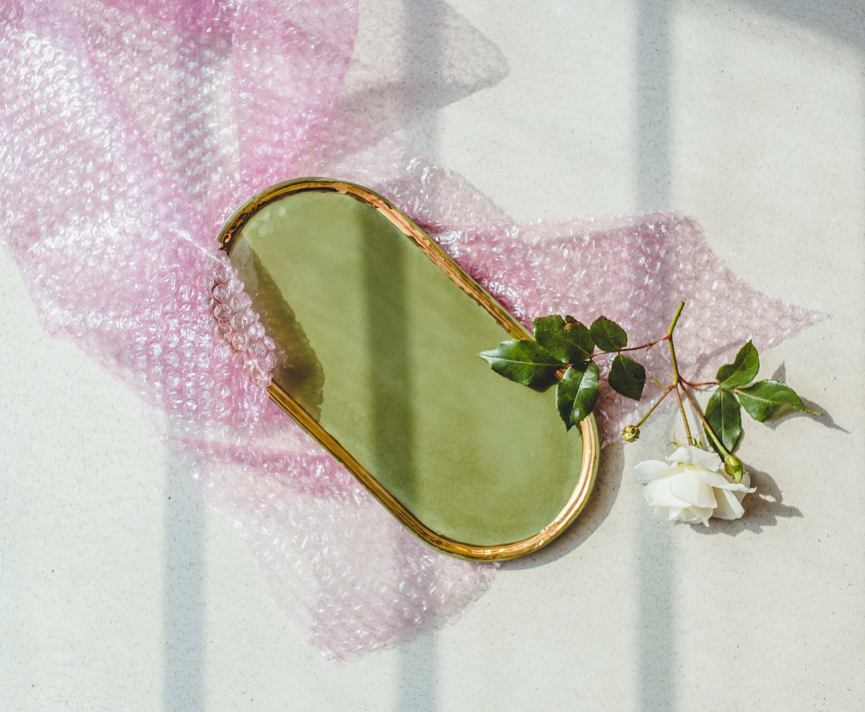 Plateau de Parfum en Poterie Fait à La Main Vert Olive, Plat Bijoux, Plateau Vanité Salle Bain, Four