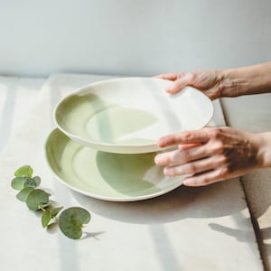 Handmade Pottery Green White Pasta Plate Ceramic Dinner Plate Ceramic Tableware Deep Plates Kitchen Decor Modern Dinnerware Wedding Gift Mom image 5