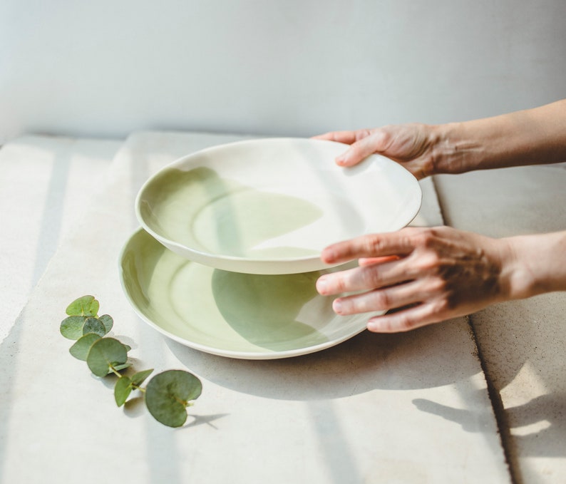 Handmade Pottery Green White Pasta Plate Ceramic Dinner Plate Ceramic Tableware Deep Plates Kitchen Decor Modern Dinnerware Wedding Gift Mom image 5