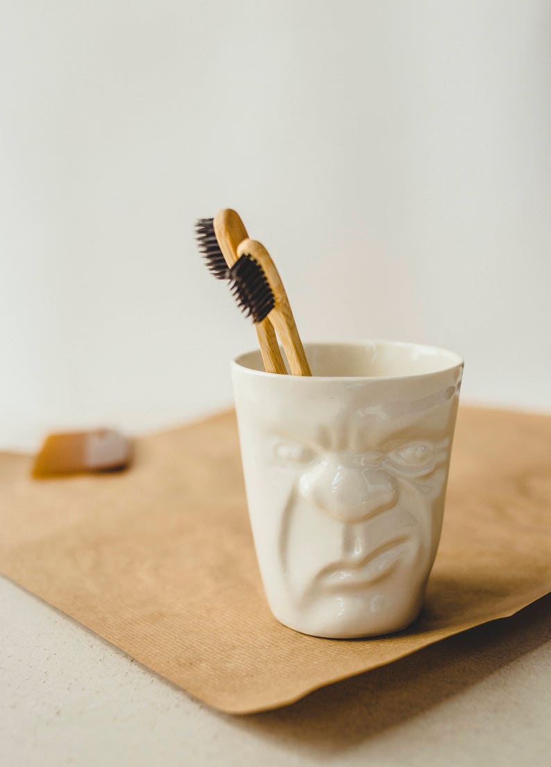 Toothbrush Holder Pottery,Modern Cup,Face Cup,Bathroom Cup,Grumpy Mug,White Porcelain Cup,Modern Pottery,Brush Cup,Bathroom Decor For Men image 2