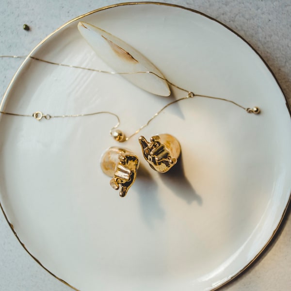 Golden Hands Jewelry Plate, Porcelain Vanity Decor