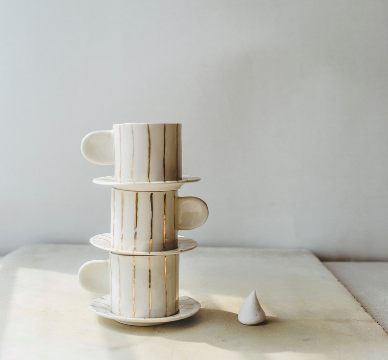 Handmade Porcelain Espresso Cup and Saucer Set Hand Painted Ceramic Coffee Cup Unique Coffee Mug Anniversary Gift Modern Pottery Mug 1 set image 2