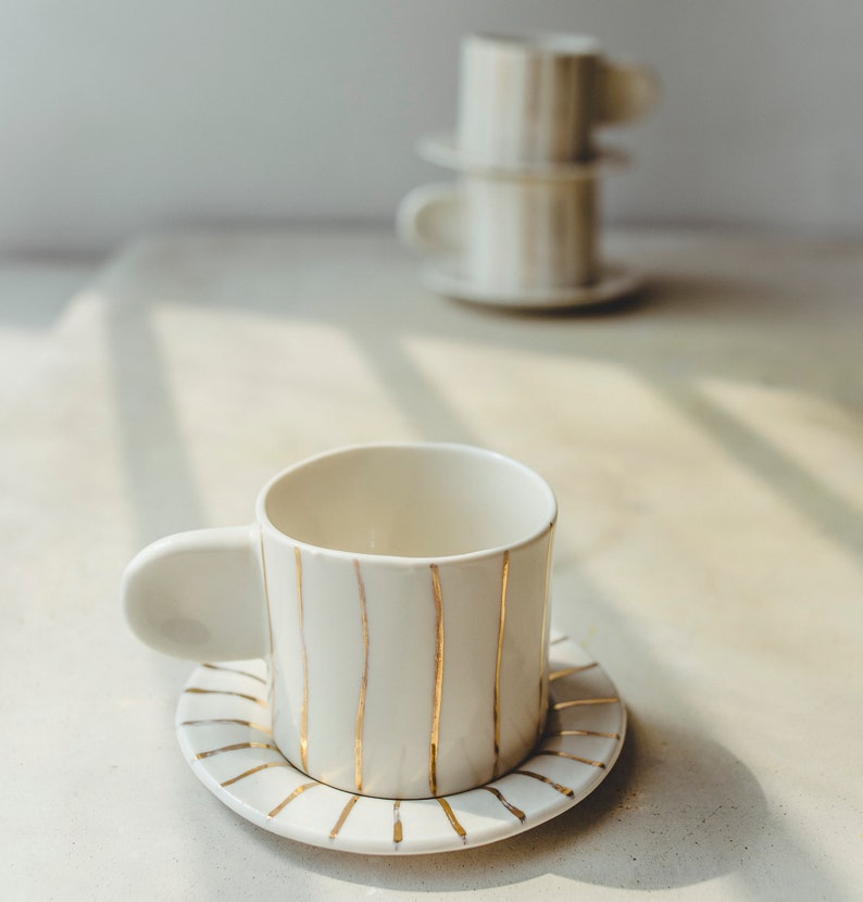 Handmade Porcelain Espresso Cup and Saucer Set Hand Painted Ceramic Coffee Cup Unique Coffee Mug Anniversary Gift Modern Pottery Mug 1 set image 7