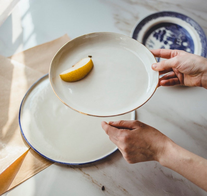 Handmade Porcelain Dinnerware Set: Gold Rim Plates, Modern Tableware