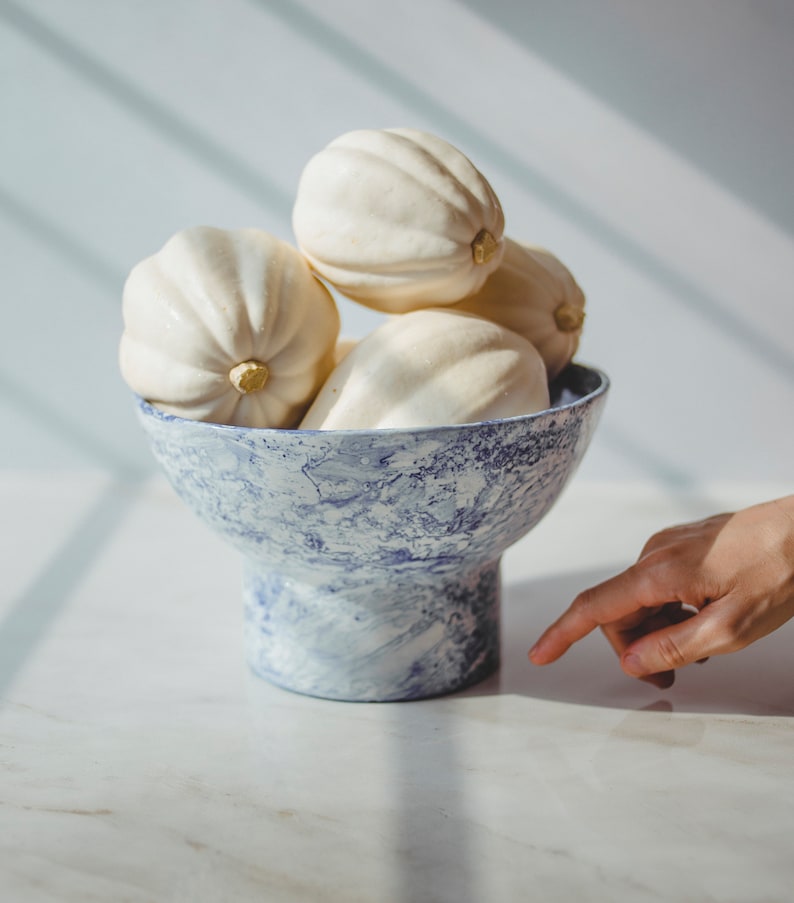 Blue and White Ceramic Fruit Bowl Footed Bowl Porcelain Bowl Large Bowl Unique Wedding Gift For Couple Pottery Dinnerware Decorative Bowl image 2