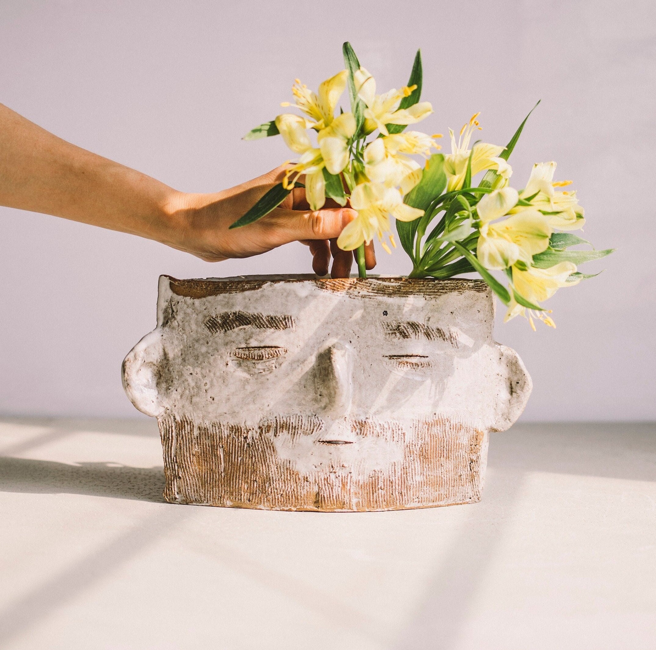 Rustic Ceramic Head Vase - Handmade Pottery Face Planter