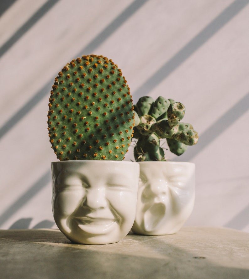 Handmade Ceramic Face Planters, Modern Succulent Head Pot - Thumbnail 2